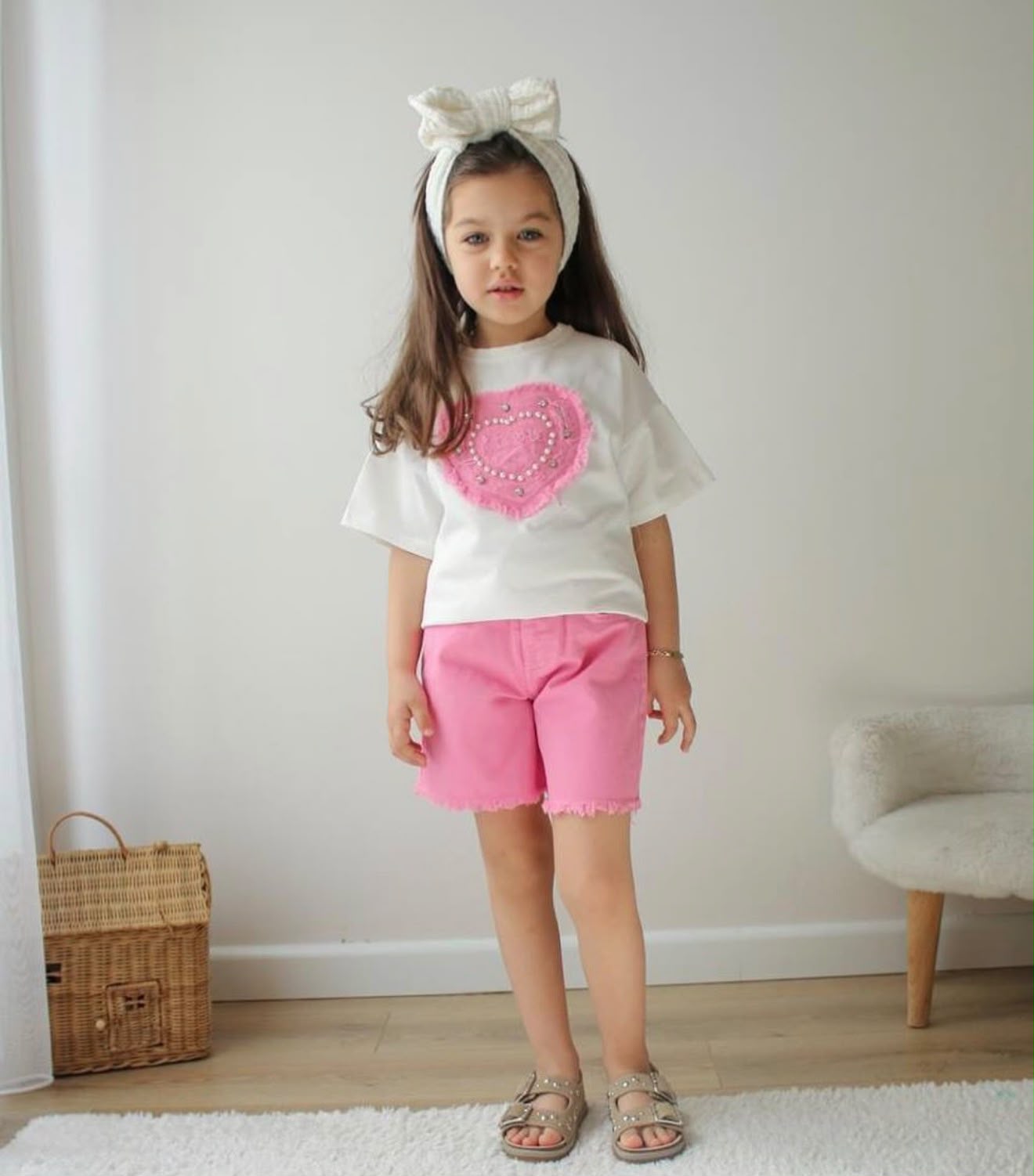 HEART PINK DENIM SHORT SET