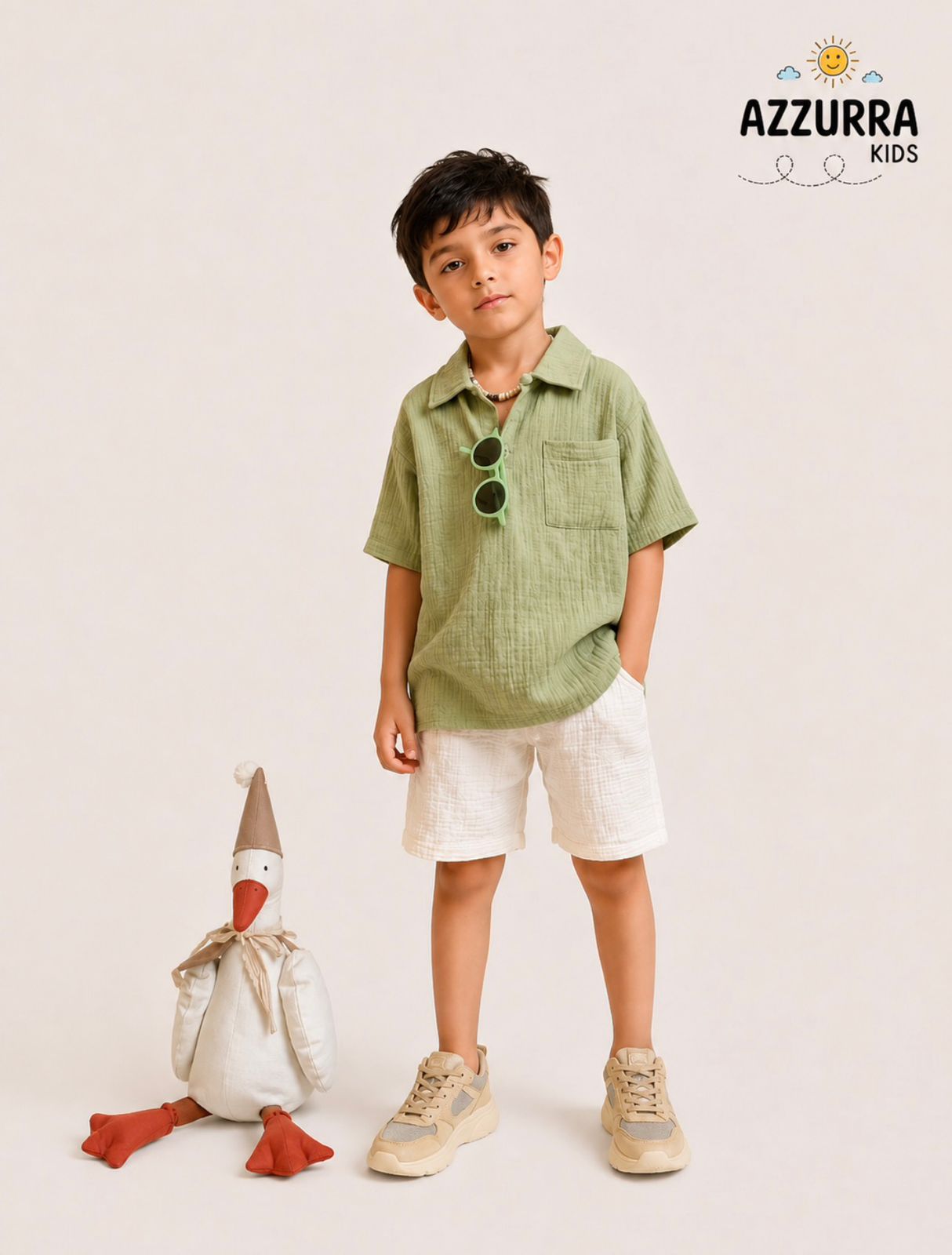 GREEN AND BEIGE LINEN SHORT SET