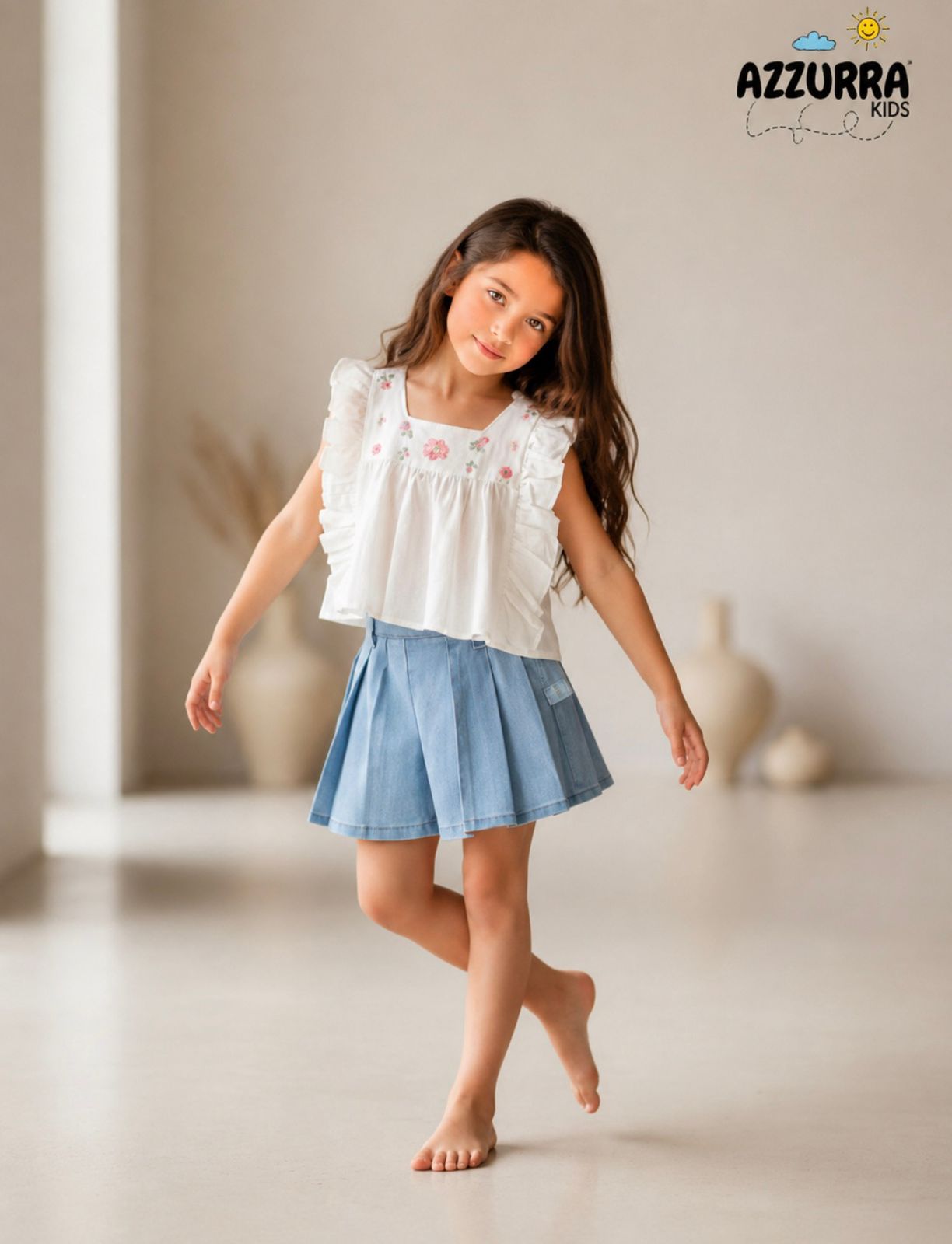 SKORT DENIM SET WITH WHITE LINEN TOP