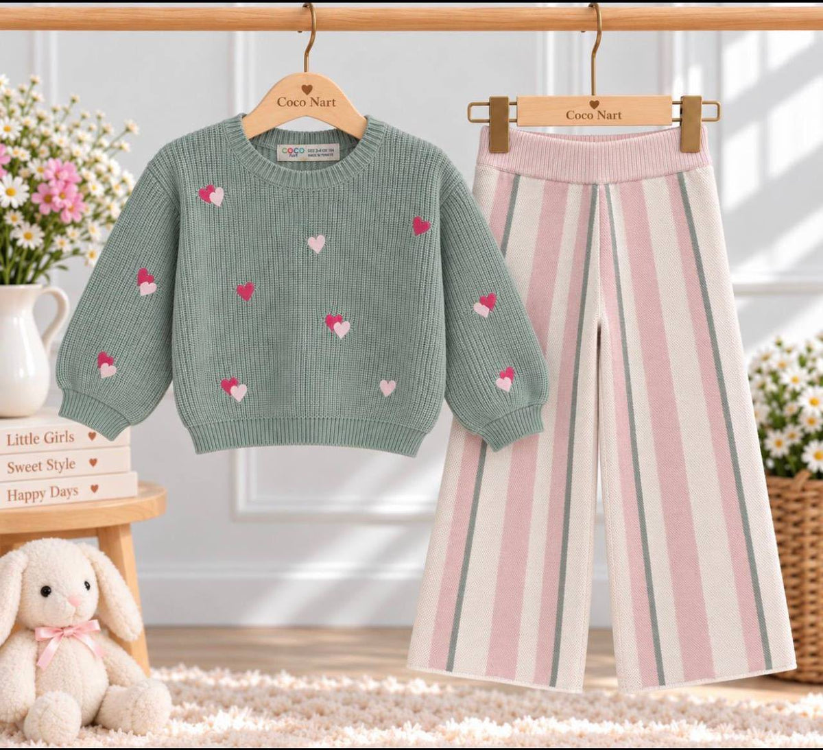 MINT GREEN AND PINK HEART WOOL SET